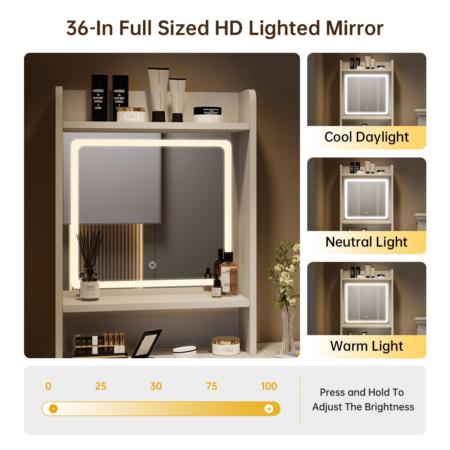 oneinmil Small Vanity Desk Set with LED Lighted Mirror & Power Outlet, Makeup Vanity Desk for Small Space, White Dressing Table with Fold-up Panel for Bedroom, 3 Lighting Modes