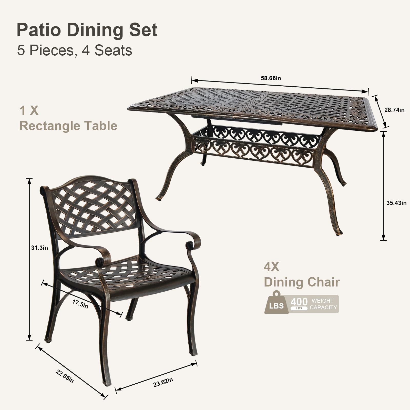 PATIO-IN 5 Piece Outdoor Dining Set, Cast Aluminum Patio Dining Set for 4 Person, Patio Furniture Set with 59" Rectangle Patio Table(2.56" Umbrella Hole) and 4 Chairs