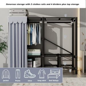 59in Portable Wardrobe Closet Rack 1200lbs Heavy-Duty Foldable Garment Rack With Cover Freestanding Clothes Organizer System enclosed Curtain Armoires For Hanging Clothes For Bedroom (150cm/59in)