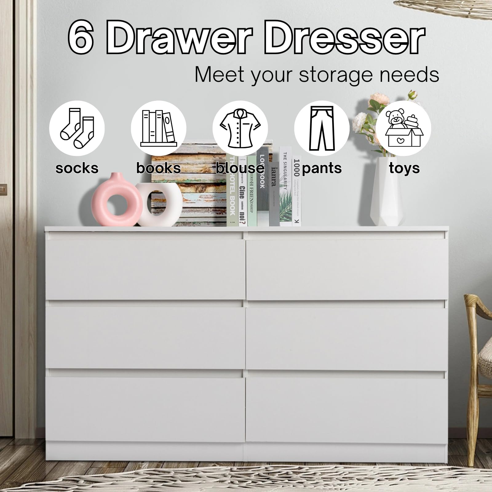 Karl home 6 Drawer Dresser, White Dresser Double Dresser Chest of Drawers, Wood Dressers for Bedroom with Cut-Out Handles, Long Bedroom Dresser with Deep Drawers, Living Room, Office, 55 Inch