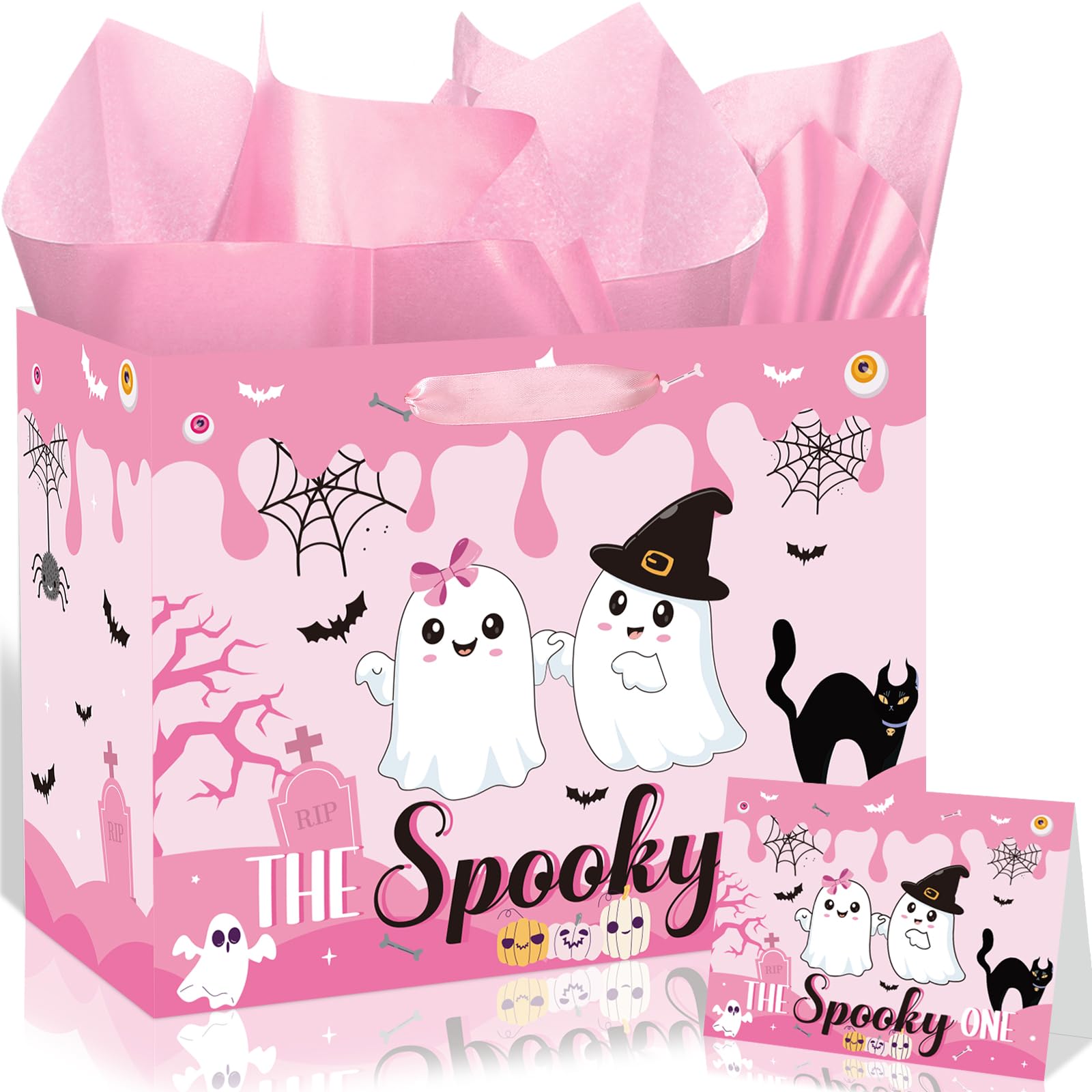 Pink 1st Birthday Gift Bag with Greeting Card Tissue Paper Spooky One Birthday Decorations The Spooky One Gift Bag for Girls First Birthday Decor for Baby Girl 1 Year Old Birthday Party Supplies