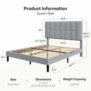 Marsail Upholstered Platform Bed Frame, 1000 lbs Weight Capacity, Sturdy Queen Size Bed Frame with Space for Under-Bed Storage, Easy Assembly, No Box Spring Needed, Fits 8”-15” Mattresses