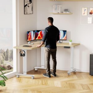 Flycity Electric L Shaped Standing Desk Adjustable Height, 63" x 55" Corner Stand Up Desk, Home Office Desk, Dual Motor Sit Stand Desk, Computer Desk with 3 Memory Preset & Child Lock, Maple