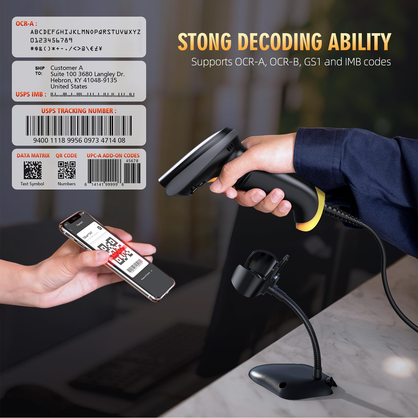 TEEMI T22N-AU 2D USB Wired Barcode Scanner with Smart Stand + TMSL-58CR 2D Wireless Barcode Scanner with Smart Base