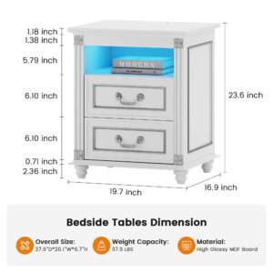 SKKTKT Night Stand with Charging Station, Nightstands with 3 Color LED Lights, Side Table with 2 Drawers Storage, Bedside End Table with Outlets and USB Ports for Bedroom, White