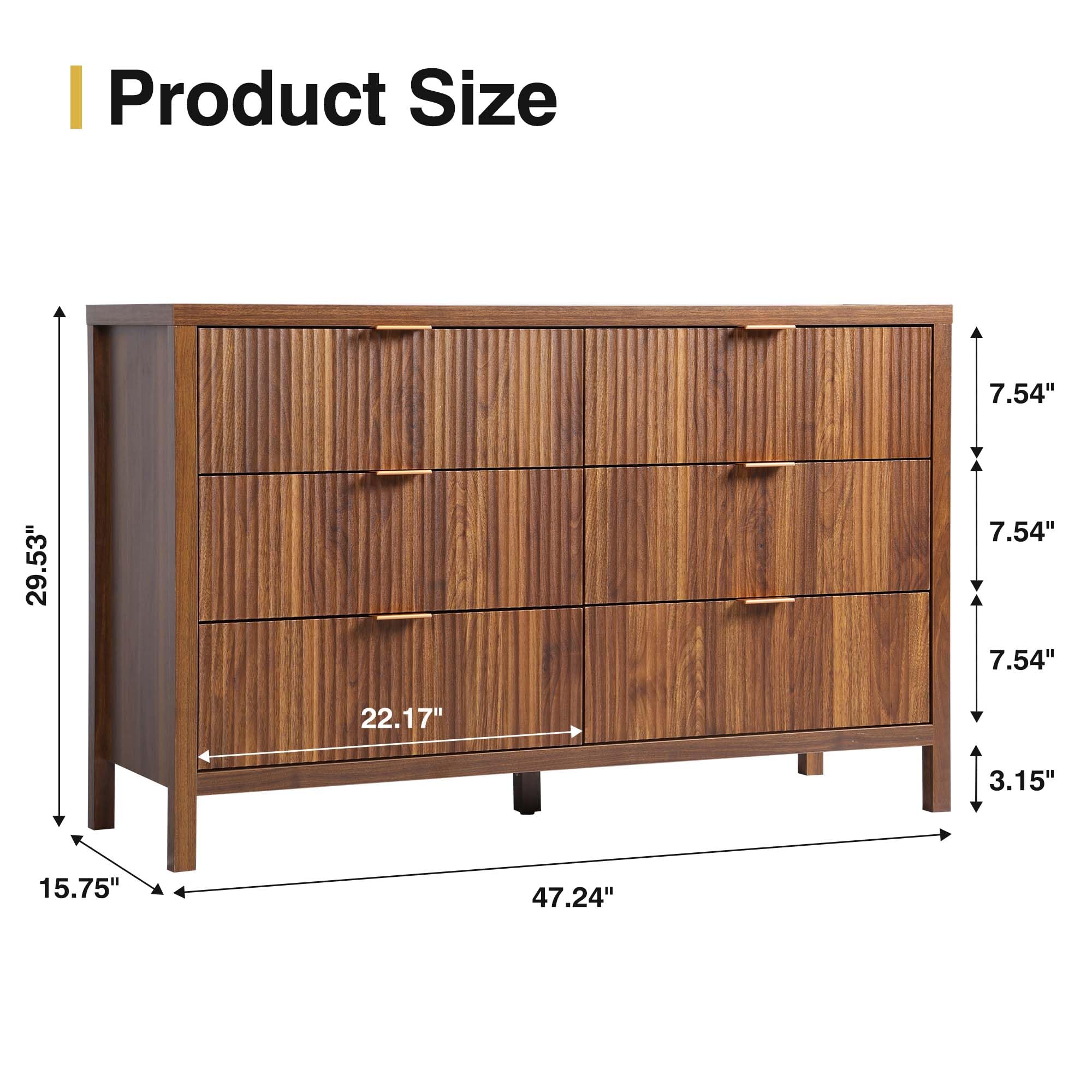 XUZENEST Fluted 6 Drawer Double Dresser for Bedroom, 47" Wide Modern Closet Dressers Chest of Drawers, Wood Storage Dresser Organizer for Nursery Bedroom Living Room Hallway Closet, Walnut