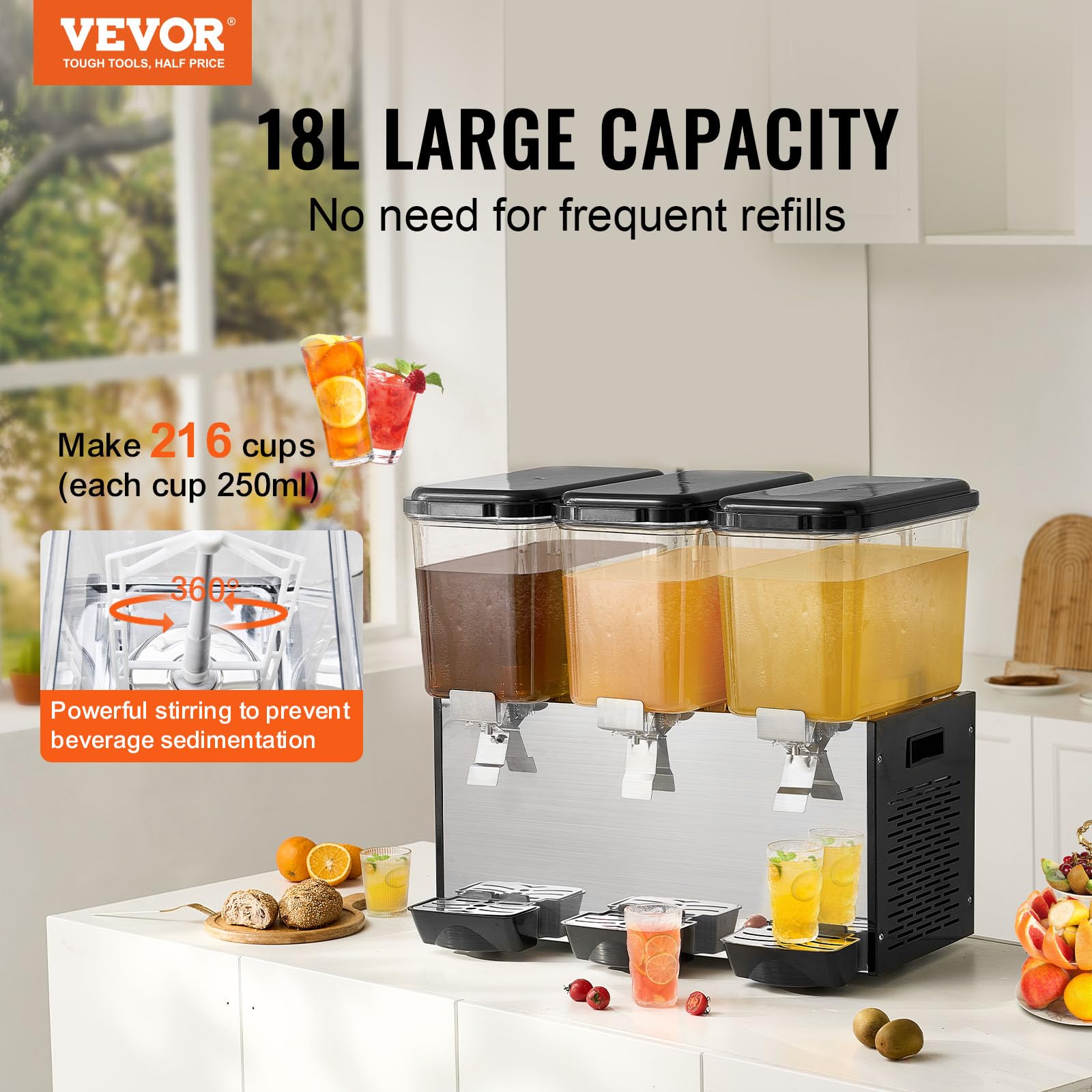 VEVOR Commercial Beverage Dispenser, 3 Tanks 18 L / 19 QT Per Tank Juice Dispenser, 512W Stainless Steel Ice Tea Drink Machine with 45°F-54°F Cooling Temperature, for Cold Drink Restaurant Bar Party