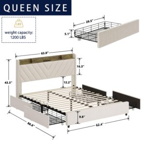 DIYSET Queen Bed Frame with Charging Station Headboard, Upholstered Platform Bed Strong Wooden Slats Support, with 4 Storage Drawers, Noise-Free, No Box Spring Needed, Easy Assembly, Beige