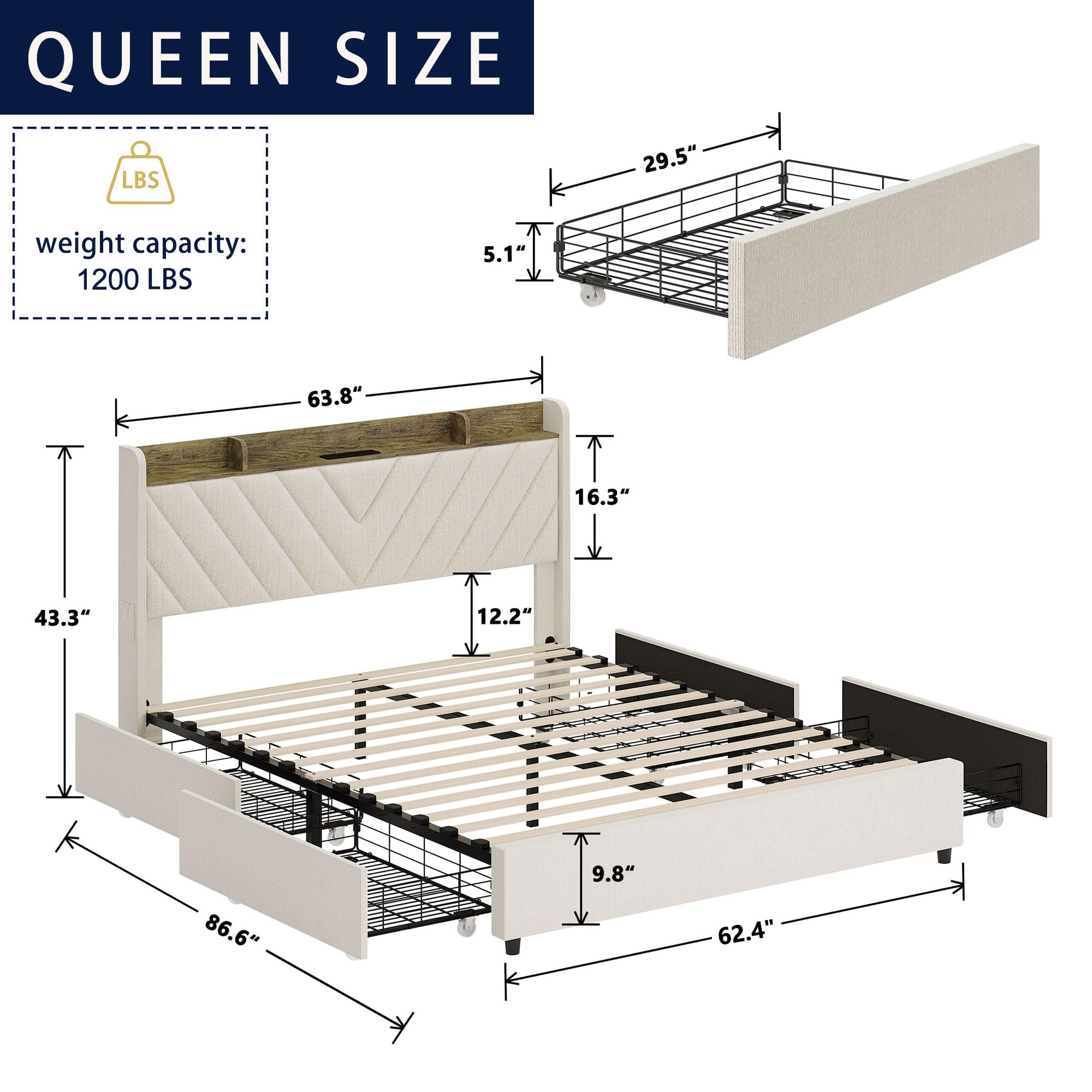 DIYSET Queen Bed Frame with Charging Station Headboard, Upholstered Platform Bed Strong Wooden Slats Support, with 4 Storage Drawers, Noise-Free, No Box Spring Needed, Easy Assembly, Beige