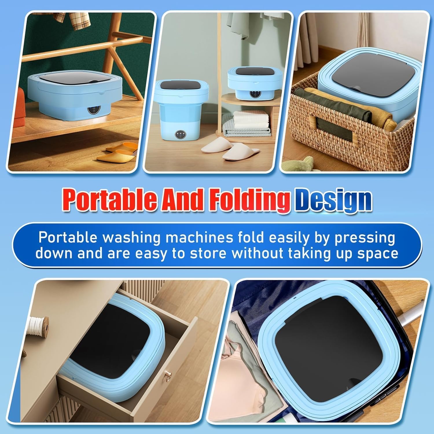 Portable Washing Machine with 3 Intelligent Cleaning Modes, 11L Mini Washer with Foldable Design, Mini Folding Washing for Travel, Camping, Apartment, Dorm, Baby Clothes, Socks, Underwear