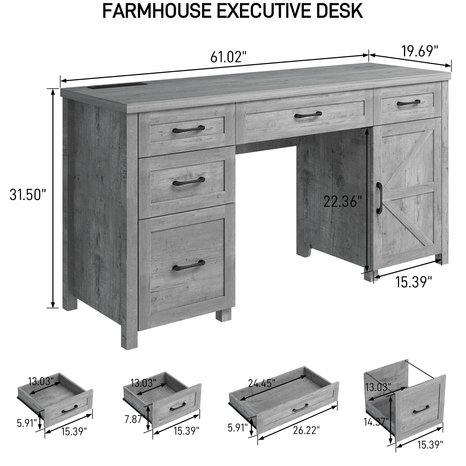 Farmhouse 61'' Executive Desk with 5 Drawers, Rustic Office Desk Computer Desk with Charging Station, File Drawers and Storage Cabinet, Wood Workstation for Home Office and Study, Gray