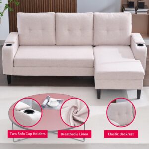 MUZZ 80'' L-Shaped Pull Out Sofa Bed with Storage,Sectional Sofa Bed with Cup Holders, Sleeper Sofa with Reversible Chaise, Pull Out Sectional Couch with Storage Armrest for Living Room,Office-Beige