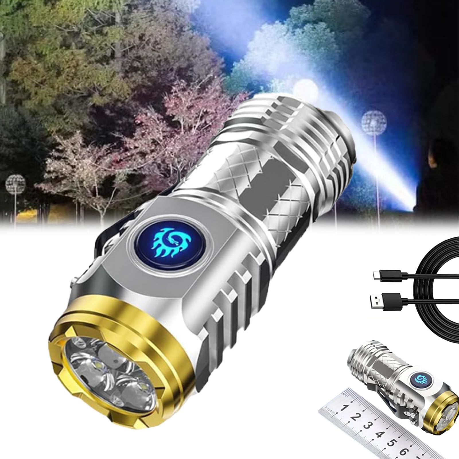 Springmart Mini Flashlight,Spring Mart Flashlight,Three Eyed Mini Monster Mini Flashlight,German Mini Flash Super Power Flashlight,Strong Light Steel Cannon Thumb Flashlight(Silver)