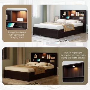 Merax Full Size Wood Platform Bed with Bookcase Headboard, Built-in Downlight, Charging Station, and 2 Side Drawers, Expresso