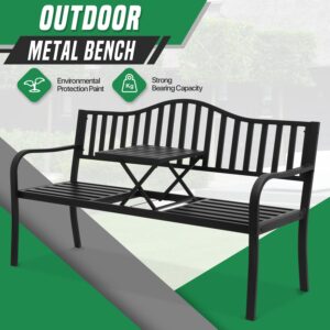 SFIHOME Metal Frame Garden Bench with Folding Table, 59" All-Weather Outdoor Benches for 2 Adults, Patio Bench with Slatted Backrest, Bench for Lawn Yard Porch Entryway, Black