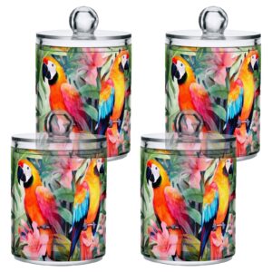 FLildon Colorful Parrot Birds Qtip Holder Dispenser, Bathroom Organizer and Storage Containers, 4Pack Clear Plastic Apothecary Jars with Lids for Cotton Ball, Cotton Swab, Floss