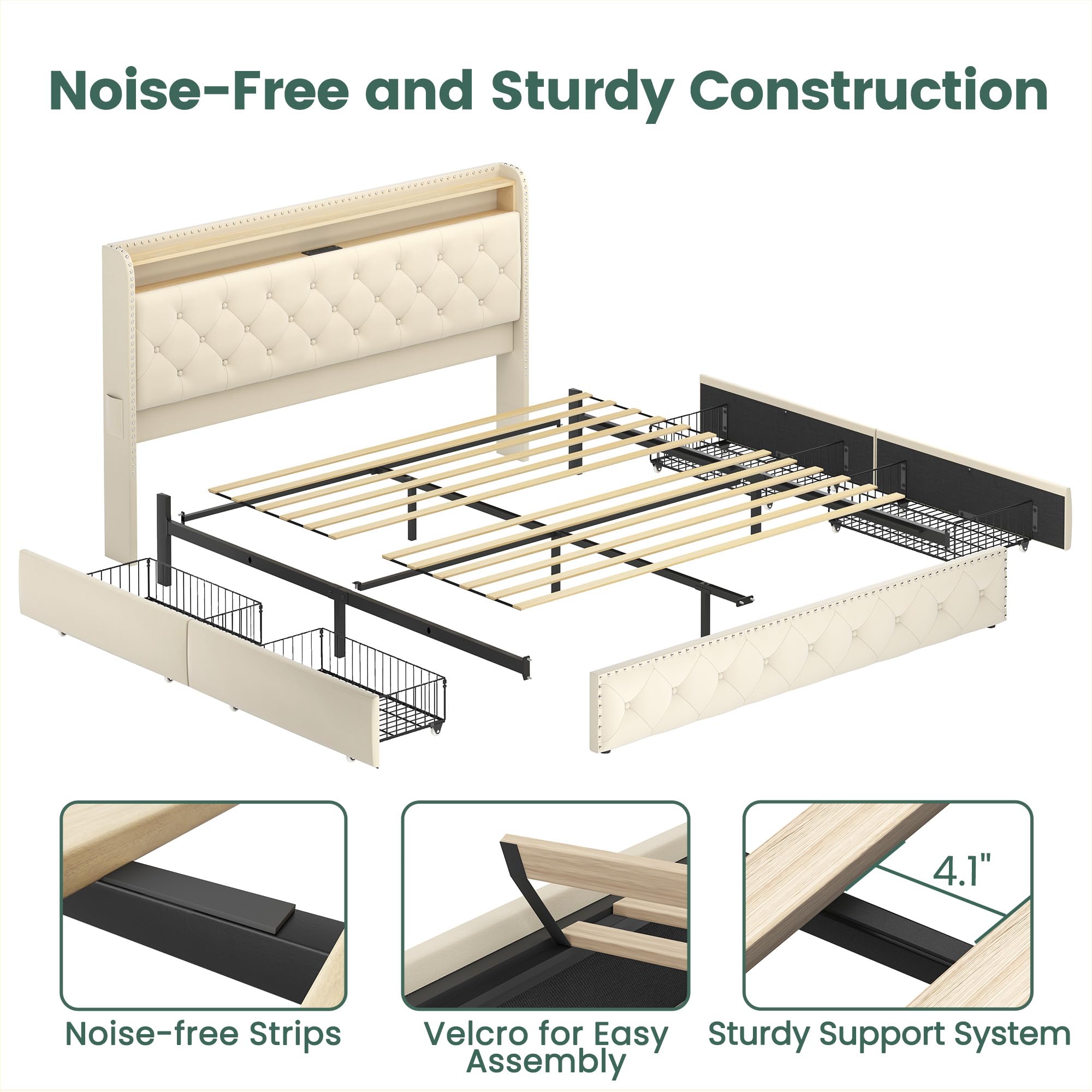 LARMACE King Size Bed Frame with LED Lights & USB Charging Station, Velvet Upholstered Platform Bed with Storage Headboard and 4 Drawers, No Box Spring Needed, Easy Assembly, Beige