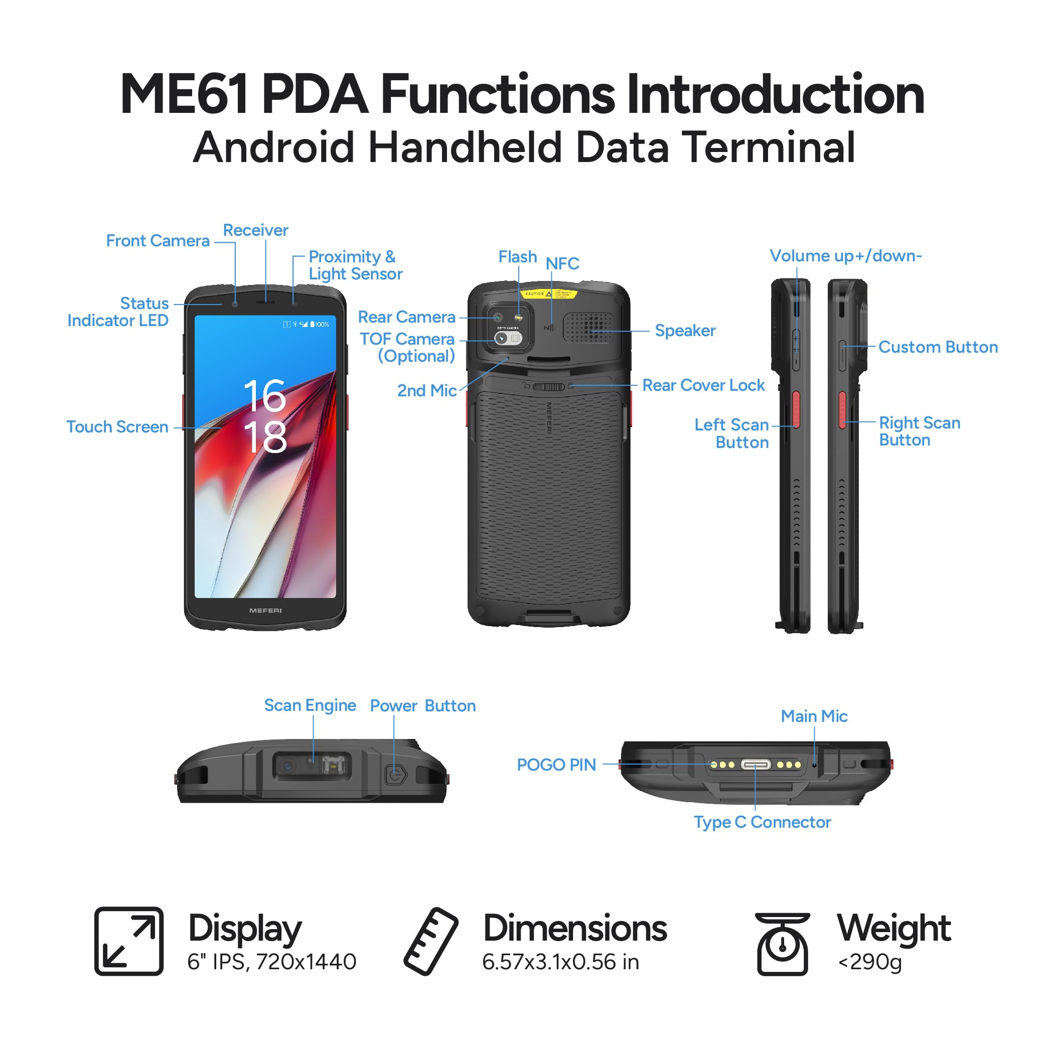 MEFERI ME61 Android Barcode Scanner with Charging Cradle, Equip Zebra SE4710 Scan Engine, PDA Handheld Mobile Computer, 1D 2D QR, Wi-Fi 4G BT GPS NFC, 6" Full-Screen, PDA for WMS