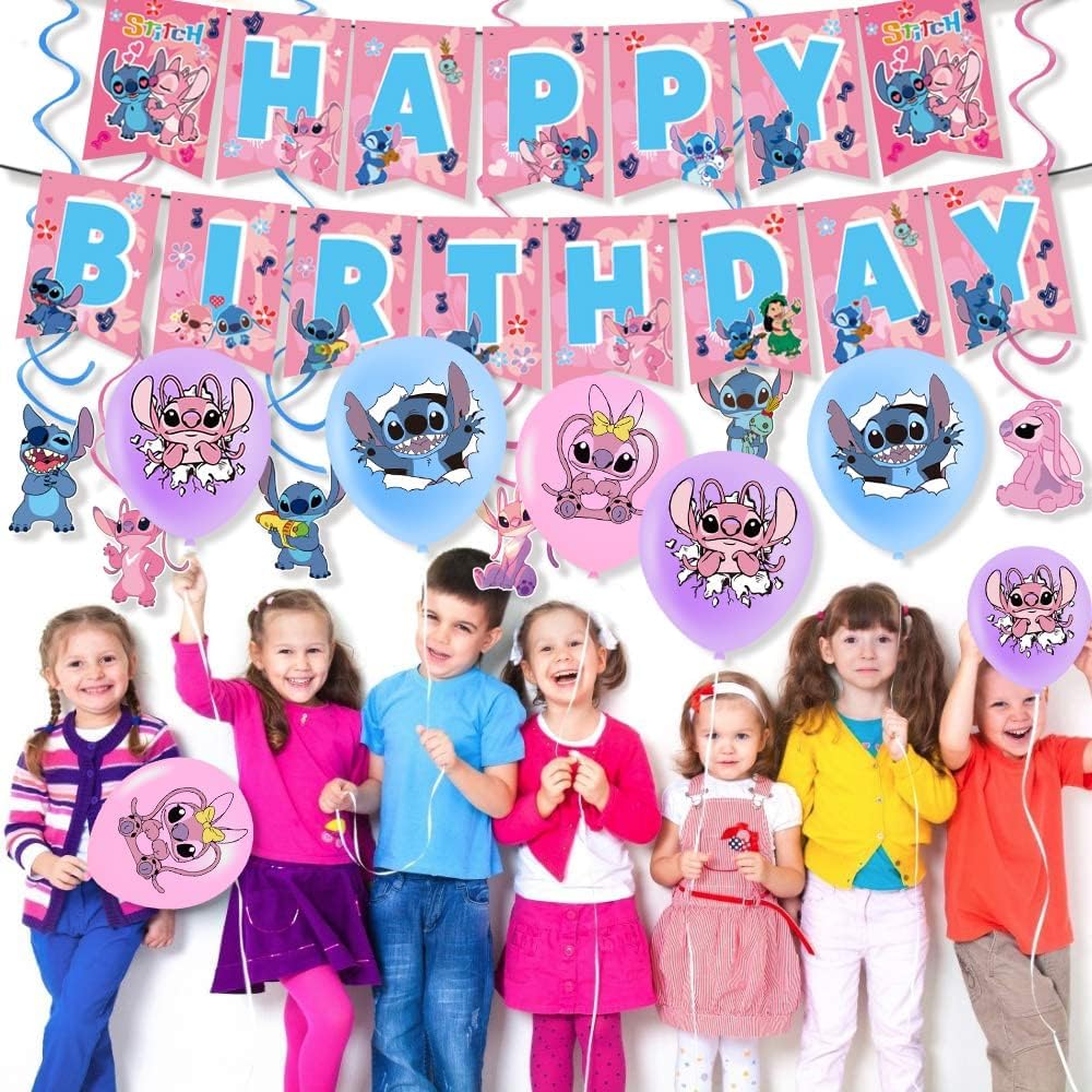 Stitch Party Supplies, 101PCS Birthday Decorations Set Include Banner, Balloons, Stickers, Hanging Swirls, Cake Cupcake Toppers, Tablecloth for Girls Pink Stitch Theme Party