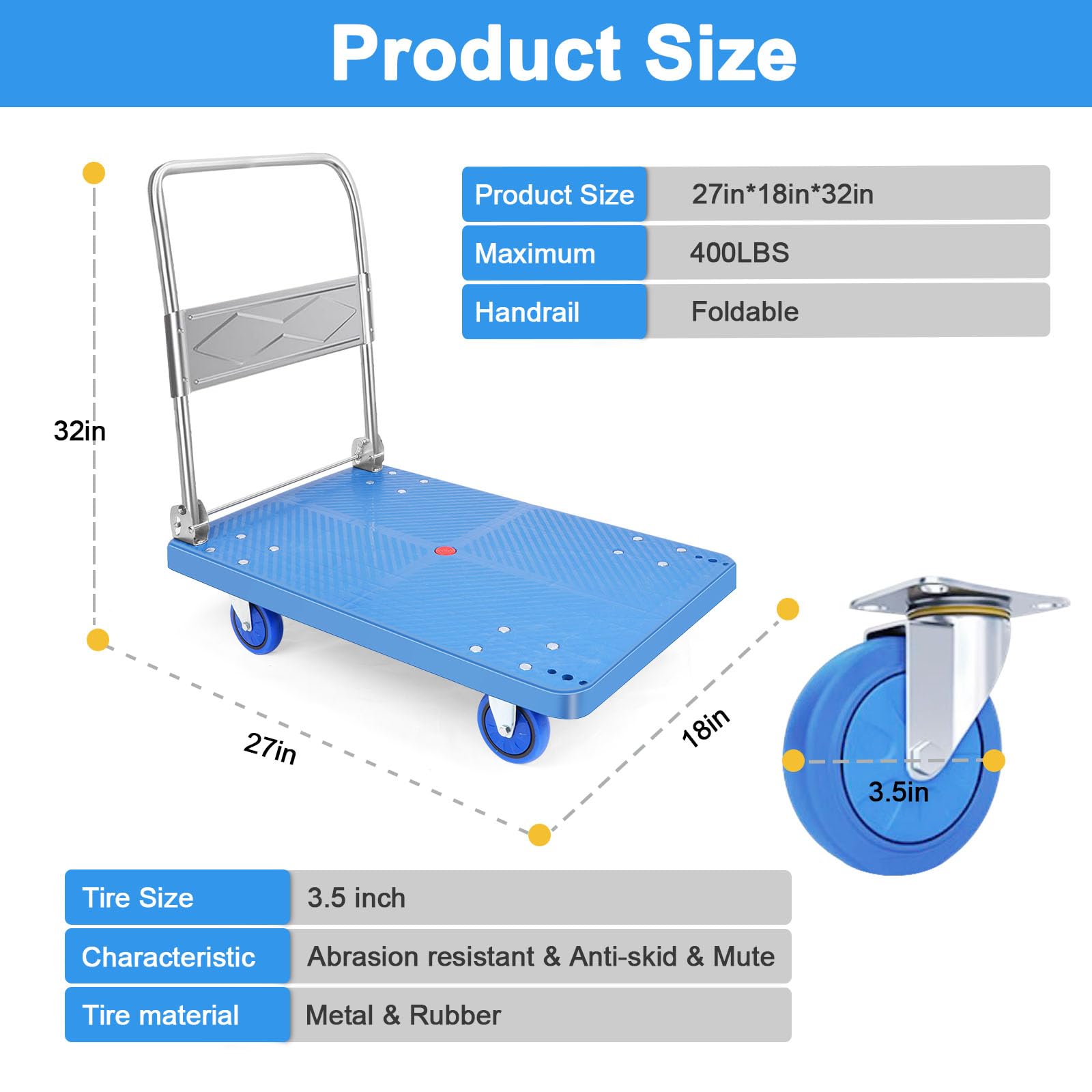 Heavy Duty Platform Truck Cart: Upgrade Large Flatbed Cart Folding Hand Trucks | 400 LBS Heavy Duty Space Saving Collapsible | Swivel Push Handle Flat Bed Wagon (Bule, S)