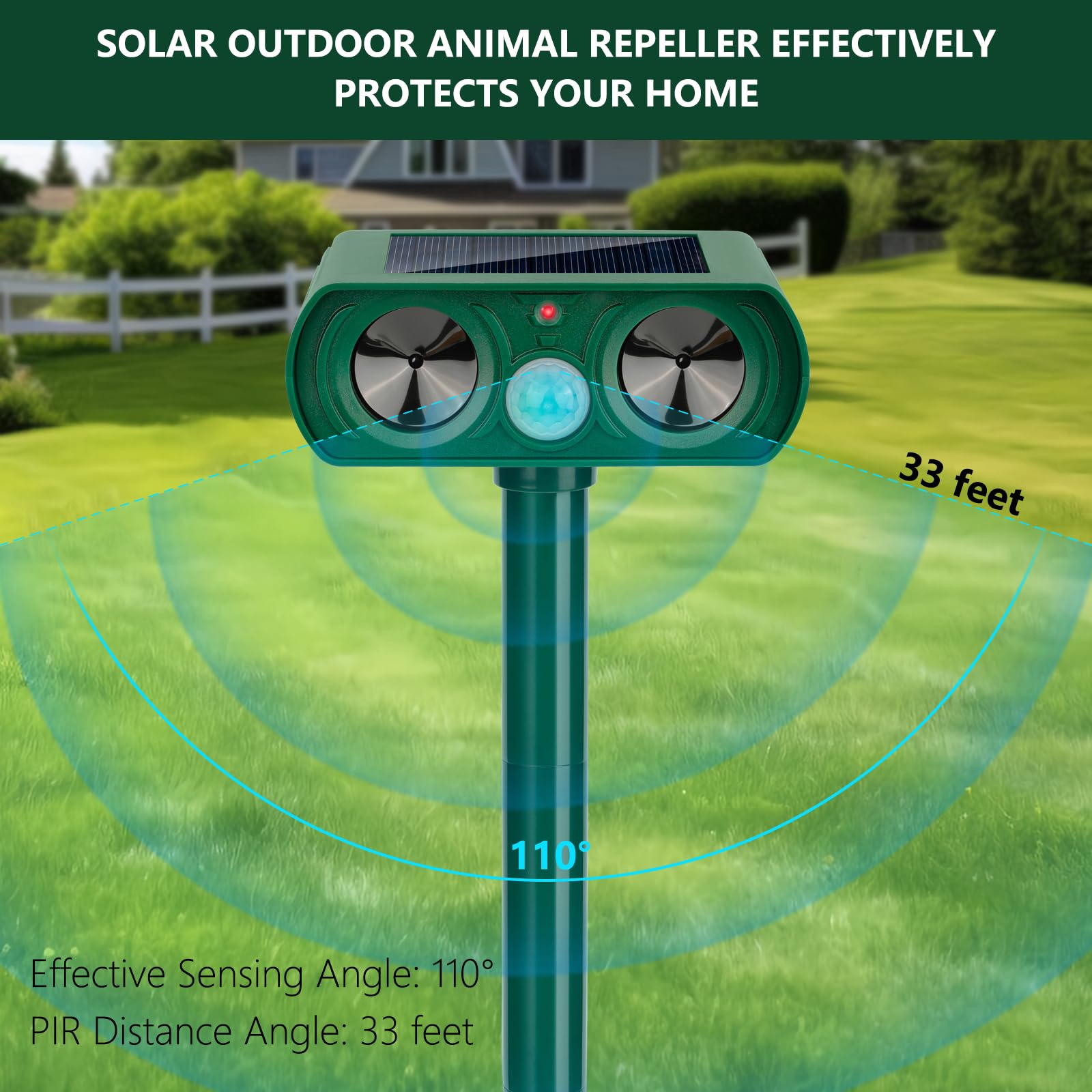 2 Pack 2024 Solar Ultrasonic in Repellent Defender Rat, Squirrel, Deer, Raccoon, Skunk, Rabbit, Mole, Dog, Cat, Waterproof with Motion Detector