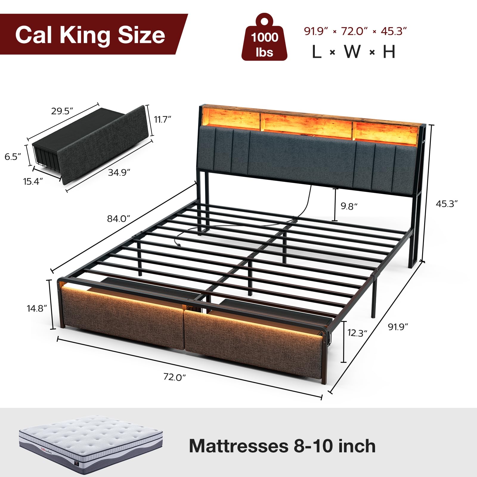 IKIFLY California King Bed Frames with Dustproof Storage Drawers, Ergonomic Hidden Storage headboard with Charging Station, Upholstered LED Cal King Platform Bed, No Box Spring Needed, Dark Grey