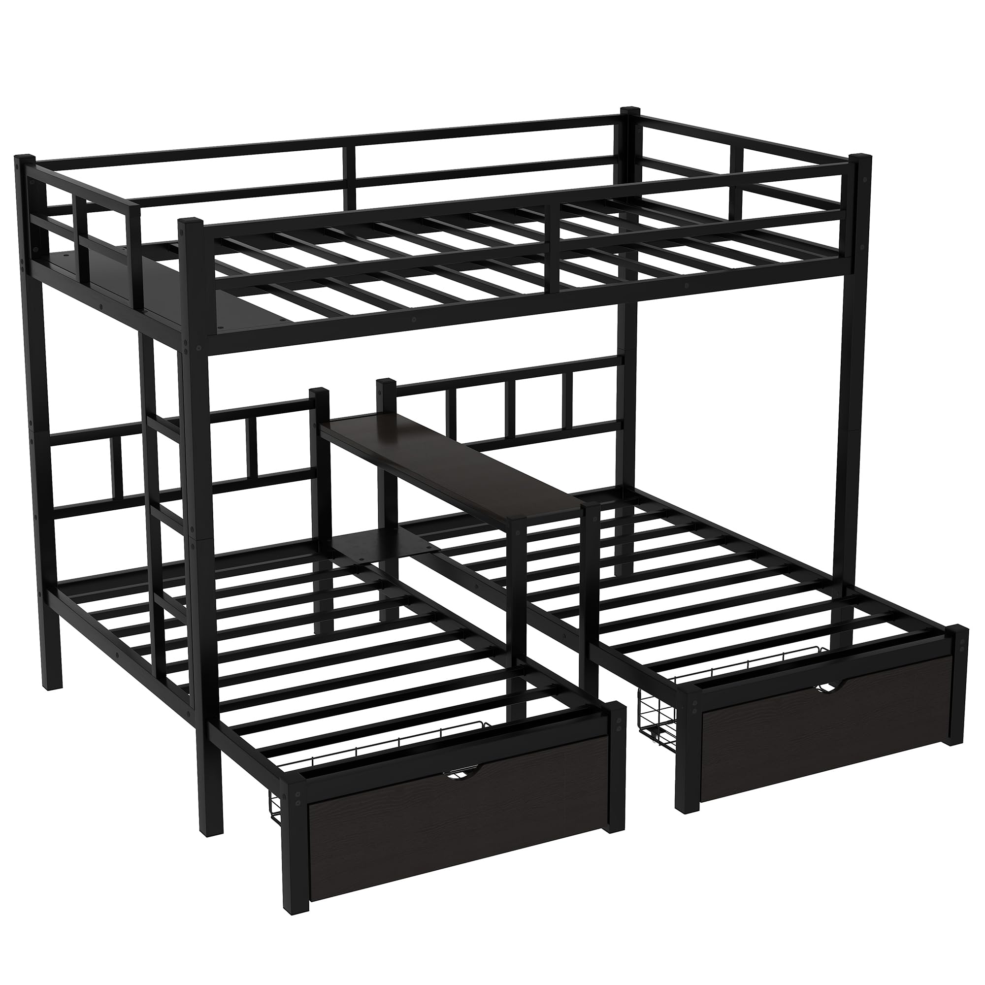 Full XL Over Twin Over Twin Bunk Bed for 3 Kids, Heavy Duty Triple Bunk Bed with Storage Drawers, Shelf, Guardrails and Ladder, Full XL Over Twin Over Twin Triple Bunk for Kids, Teens, Black