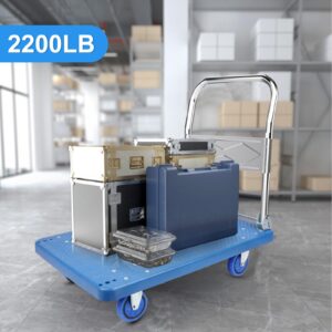 Folding Dolly Cart with Wheels Collapsible - 1500lbs Alloy Steel Portable Foldable Moving Push Utility Flat Hand Trucks, Heavy Duty Trolley Dolley with 360 Degree Swivel Wheels (Blue, PP-S)