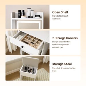 oneinmil Small Vanity Desk Set with LED Lighted Mirror & Power Outlet, Makeup Vanity Desk for Small Space, White Dressing Table with Fold-up Panel for Bedroom, 3 Lighting Modes