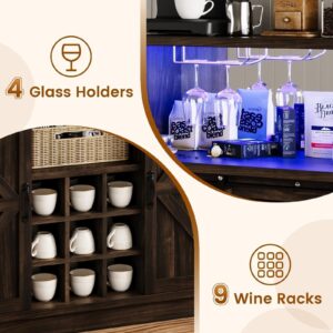 4ever2buy Farmhouse Wine Bar Cabinet with LED Light & Mirror, 47” Buffet Sideboard with 4 Glass Hooks & 9 Wine Racks, Coffee Bar Cabinet with Sliding Barn Door for Kitchen Dining Living Room, Brown