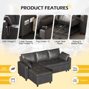 Esright Sleeper Sofa Bed Couch with Pullout Sofa Bed, Faux Leather Sectional Sleeper Sofa Pull Out Couch Bed with Storage USB & Cup Holders, Convertible Sofa Bed Couches for Living Room, Black