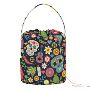 runningbear halloween colorful sugar skull crochet bag yarn holder round yarn bag knit tote bag knitting crochet storage bag for knitting accessories