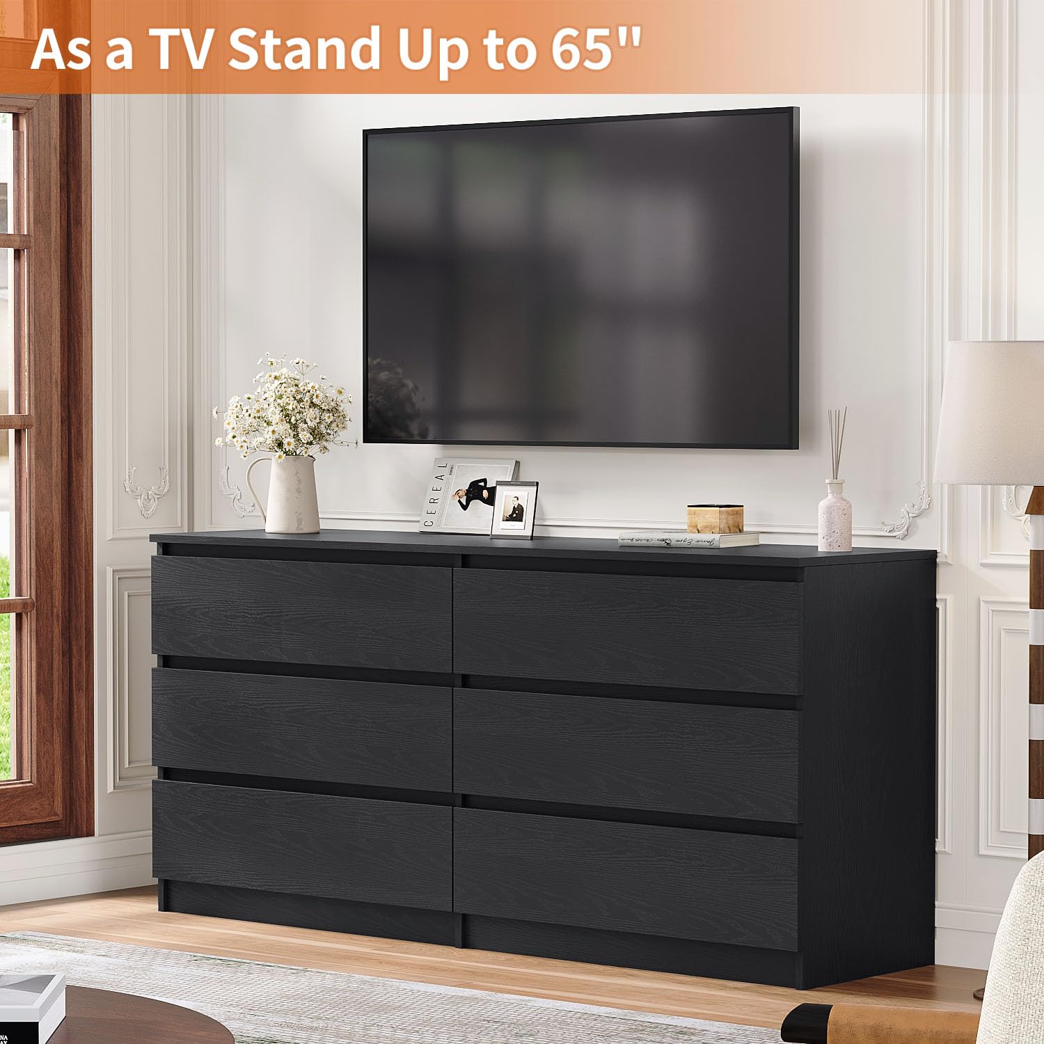 Angel Sar 59'' Dresser for Bedroom, Modern Black 6 Drawer Dresser, Long Dresser with Spacious Tabletop, Smooth Slides, Handlefree Design & Sturdy Base, Double Drawer Dresser for Closet