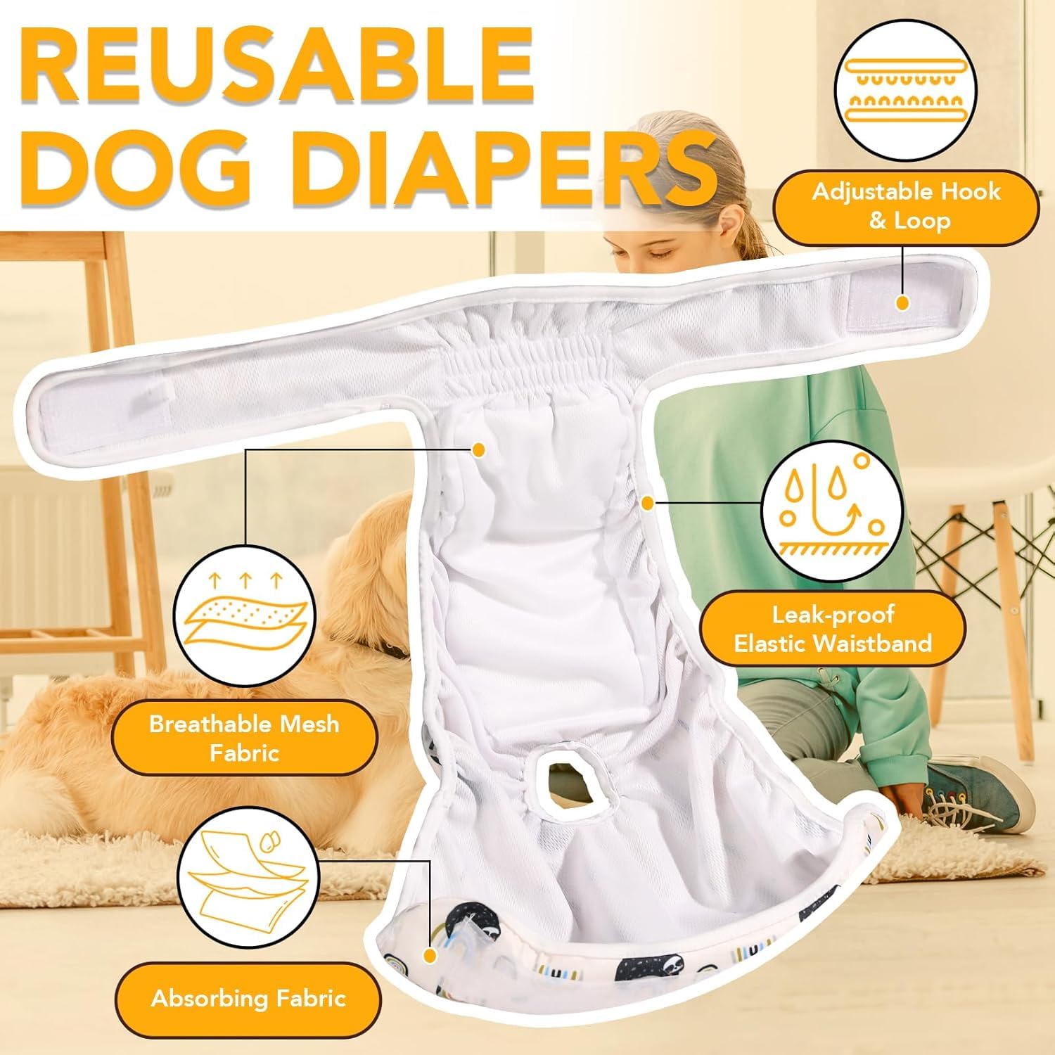 XPCARE Dog Diapers Female (4 Pack) - Washable Reusable Female Dog Diapers - Highly Absorbent Puppy Diapers for Dogs in Heat, Incontinence, or Excitable Urination (X-Large)