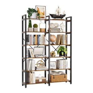 mxv double wide book shelf, industrial bookshelf with metal frame, open large book shelf, wood and tall display shelves for home and office, 6-tier, rustic brown and black