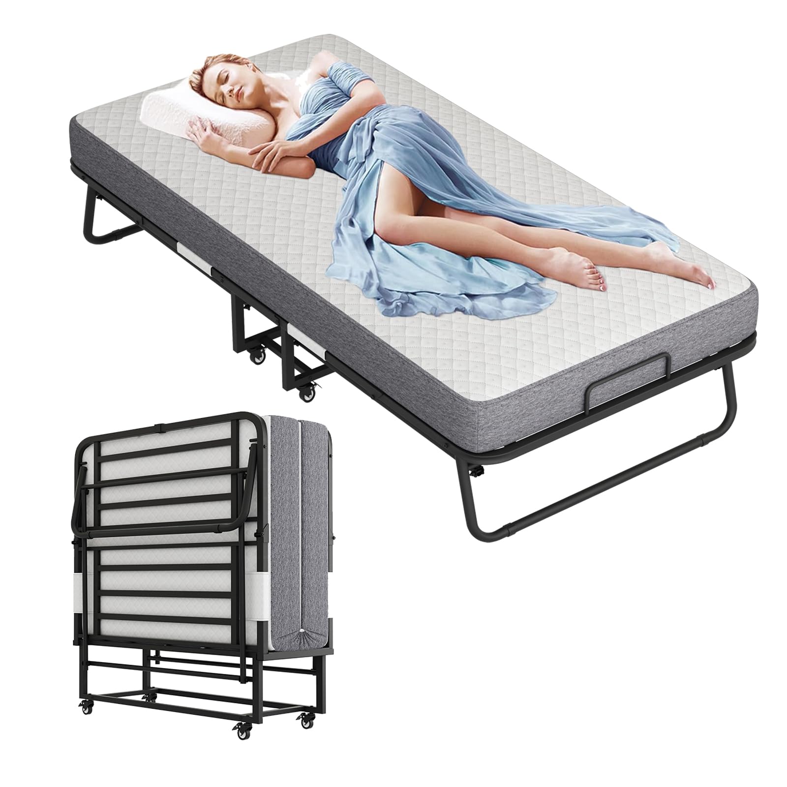 RAOGIE Folding Bed with Mattress Twin Size Portable Foldable RollAway Bed for Adult, 75 x38'' Fold Up Bed for Guest