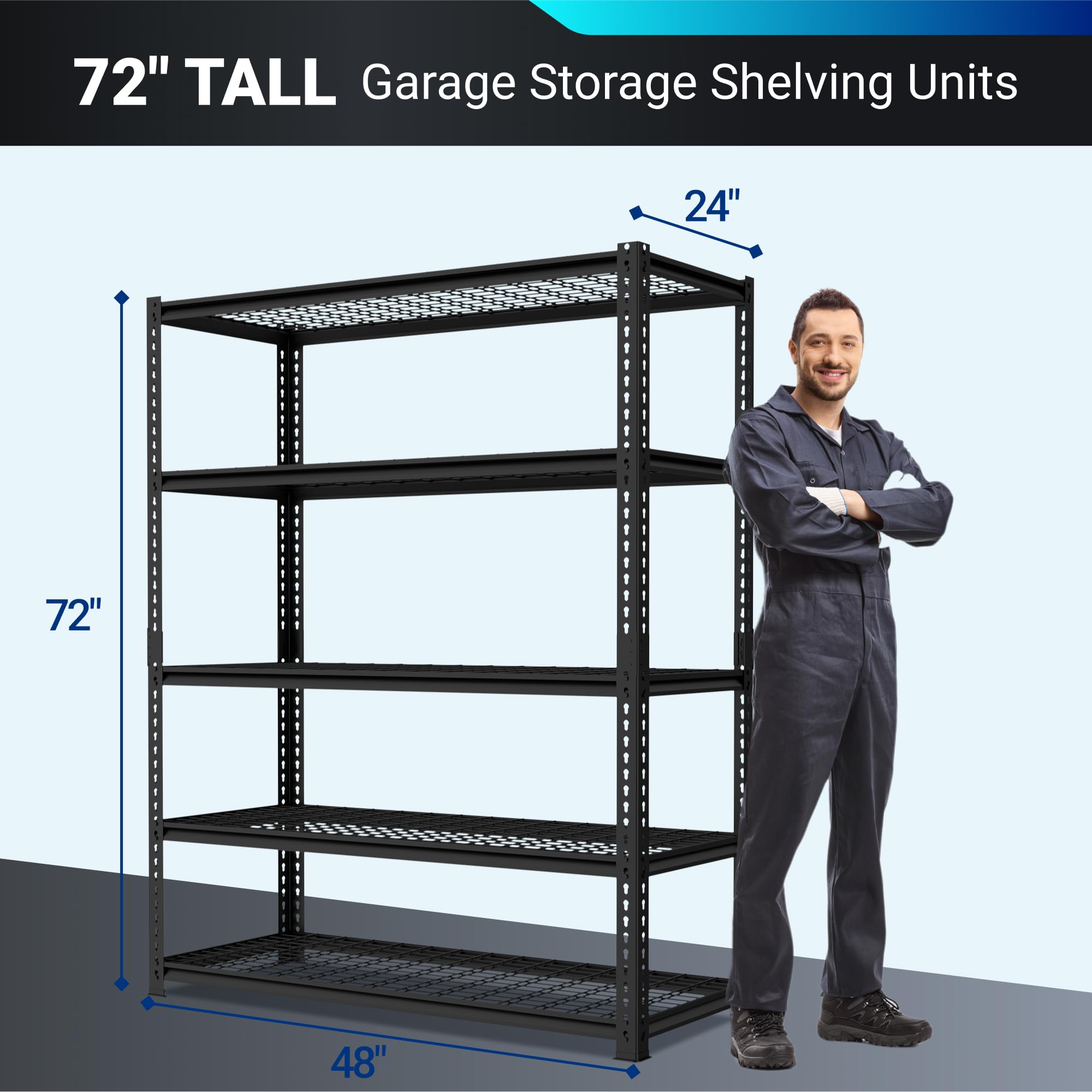 FLEXIMOUNTS Garage Shelving, 48" Wx24 Dx72 H, Metal Storage Racks and Standing Shelving Units, Garage Storage Shelves, 5-Tier Heavy Duty Shelf