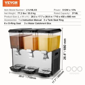 VEVOR Commercial Beverage Dispenser, 3 Tanks 18 L / 19 QT Per Tank Juice Dispenser, 512W Stainless Steel Ice Tea Drink Machine with 45°F-54°F Cooling Temperature, for Cold Drink Restaurant Bar Party