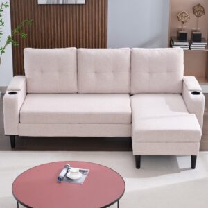 MUZZ 80'' L-Shaped Pull Out Sofa Bed with Storage,Sectional Sofa Bed with Cup Holders, Sleeper Sofa with Reversible Chaise, Pull Out Sectional Couch with Storage Armrest for Living Room,Office-Beige