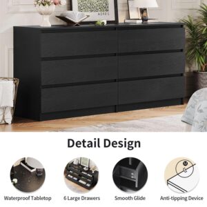 Angel Sar 59'' Dresser for Bedroom, Modern Black 6 Drawer Dresser, Long Dresser with Spacious Tabletop, Smooth Slides, Handlefree Design & Sturdy Base, Double Drawer Dresser for Closet