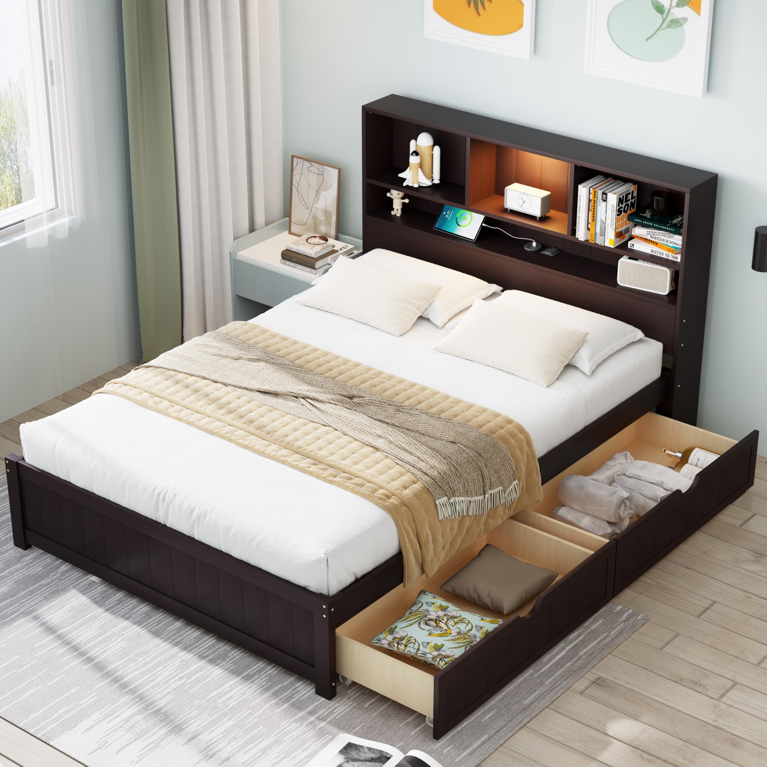 Merax Full Size Wood Platform Bed with Bookcase Headboard, Built-in Downlight, Charging Station, and 2 Side Drawers, Expresso