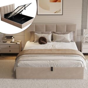 velocava queen size lift-up storage bed, hydraulic linen upholstered bed frame with vertical panel headboard, wooden slat support, no box spring needed, easy assembly, soft bed, beige