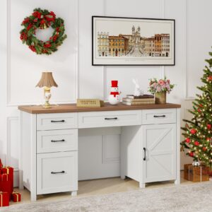 Farmhouse 61'' Executive Desk with 5 Drawers, Rustic Office Desk Computer Desk with Charging Station, File Drawers and Storage Cabinet, Wood Workstation for Home Office and Study, Untique White