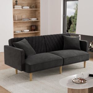 ouyessir futon sofa bed, 75.3" couch small sofa, loveseat, sleeper sofa, mid century modern futon couch, sofa cama, couches for living room, black velvet