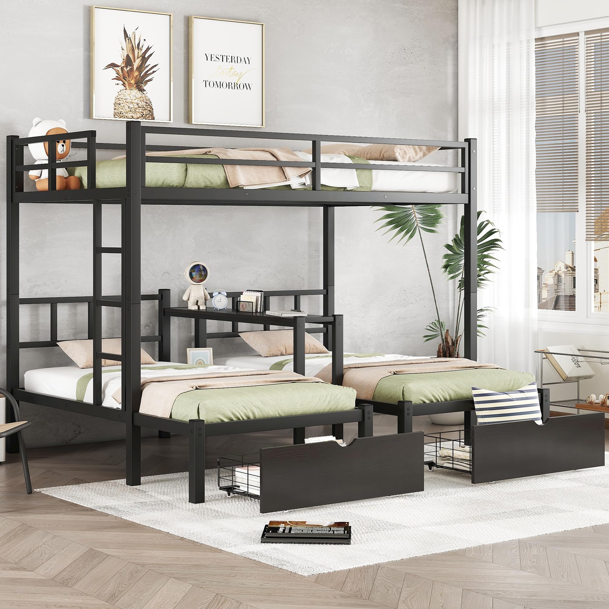 Full XL Over Twin Over Twin Bunk Bed for 3 Kids, Heavy Duty Triple Bunk Bed with Storage Drawers, Shelf, Guardrails and Ladder, Full XL Over Twin Over Twin Triple Bunk for Kids, Teens, Black