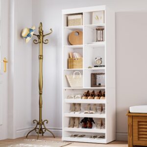 IRONCK Closet Shoe Organizer Cabinet with Shelves and Cubbies, Narrow Footwear Shoe Rack Storage Organizer for Closet for Bedroom, Entryway, Mudroom, White