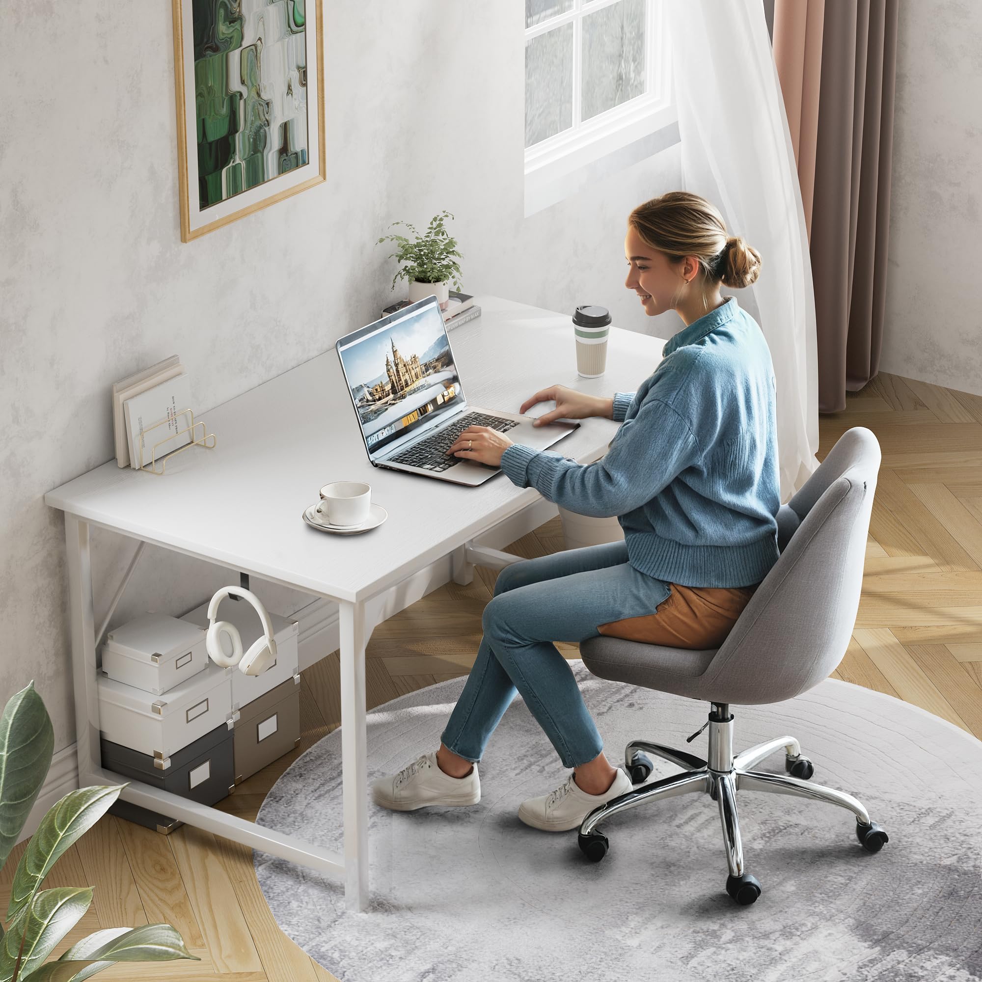 Shahoo Small Computer Desk for Bedroom 32 Inch Office Writing Work Study Kids Student Bedroom Wood Modern Simple Table with Storage Bag & Headphone Hooks, White