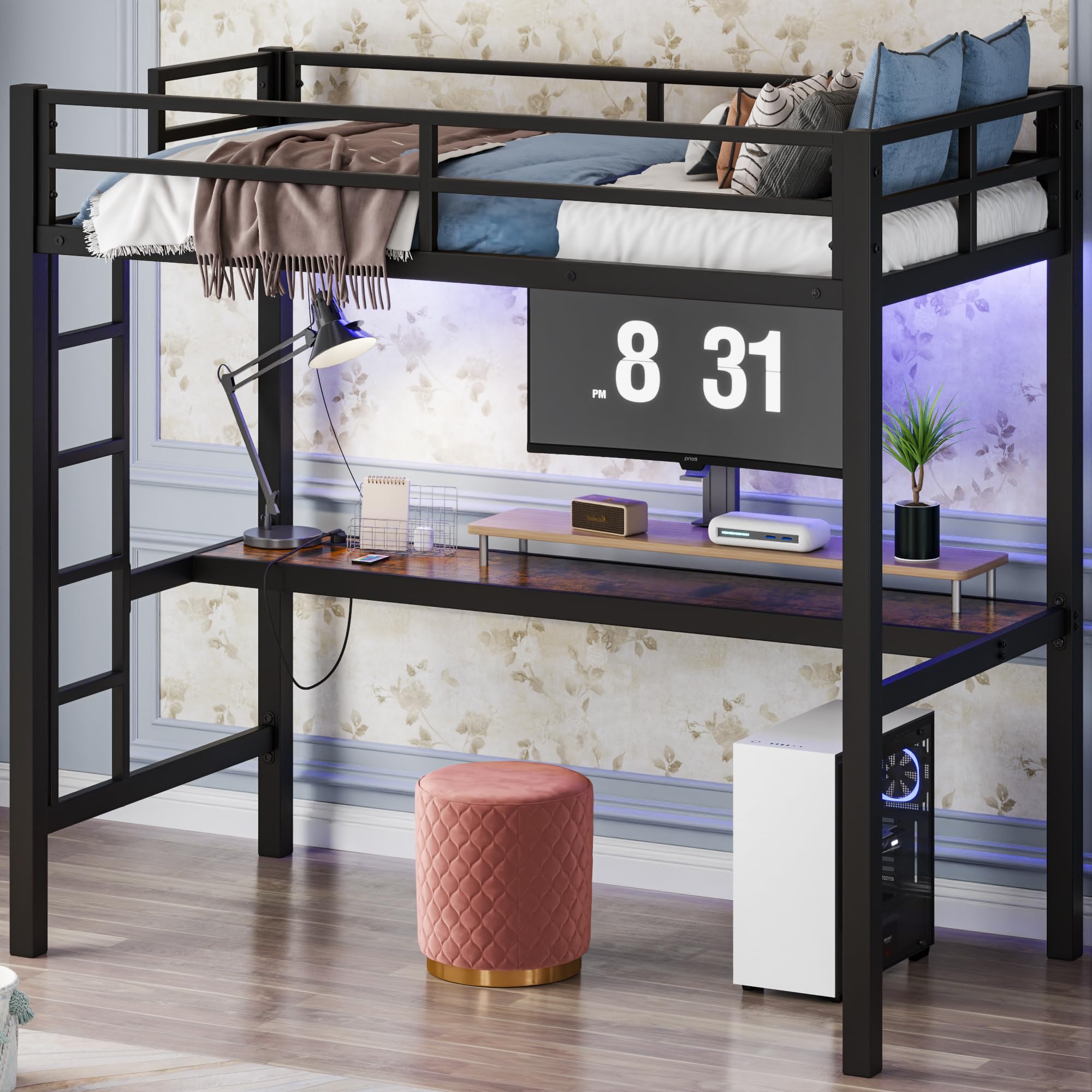 METAN Metal Loft Bed with Desk, Metal Loft Bed Frame with LED Light, Metal Bed with Desk with Charging Outlets, Noise-Free, Space-Saving, Black, Assembly Required