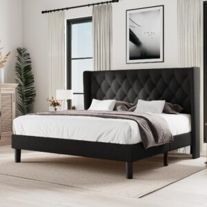 einhomn king size upholstered bed frame with wingback headboard, fabric linen platform bed, 8" under bed storage, wooden and metal slats support, no box spring needed, black