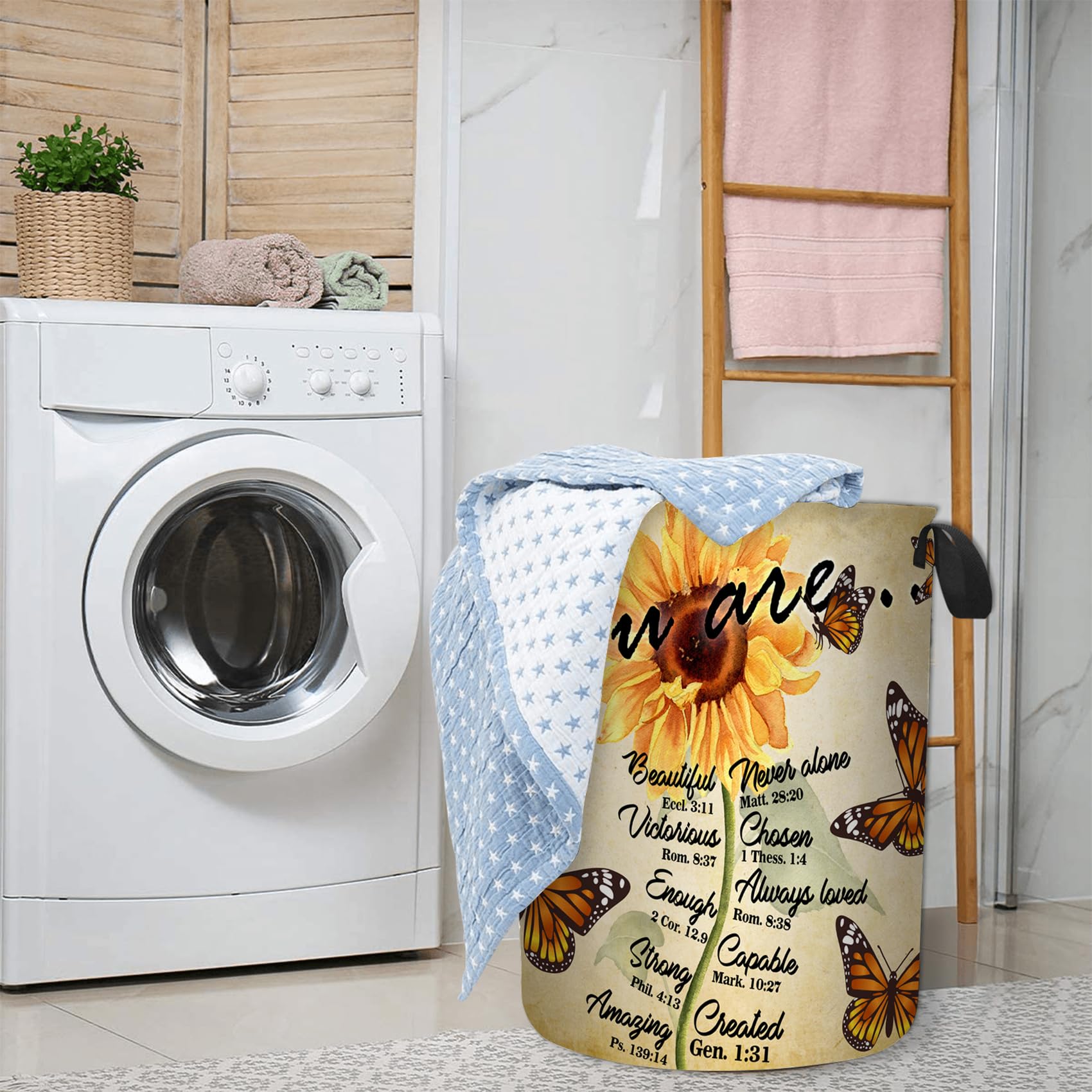 Inspirational Bible Verse Laundry Hamper, Sunflower and Butterfly Laundry Baskets, Large Foldable Laundry Basket, Waterproof Dirty Clothes Hampers for Laundry Toy